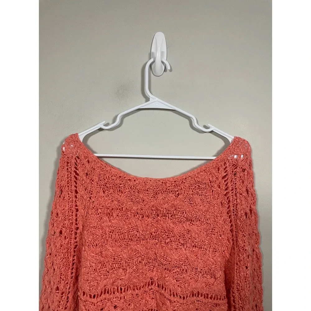 Free People Coral Open Crochet Scoop Pullover